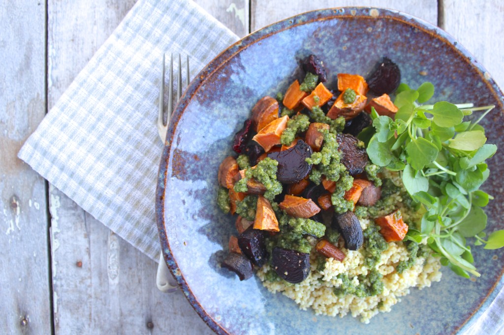 roast-veges-millet-tyme-lime-pesto-fork